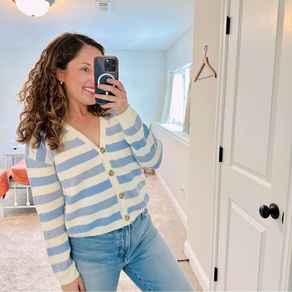 Talbots Blue White Striped Cardigan Sweater Medium - Picture 1 of 15